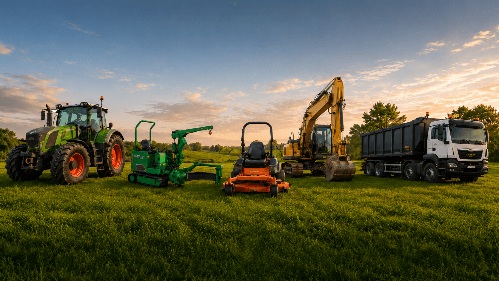 Tracteur, matériel d'espaces verts, pelle et camion réunis dans un parc